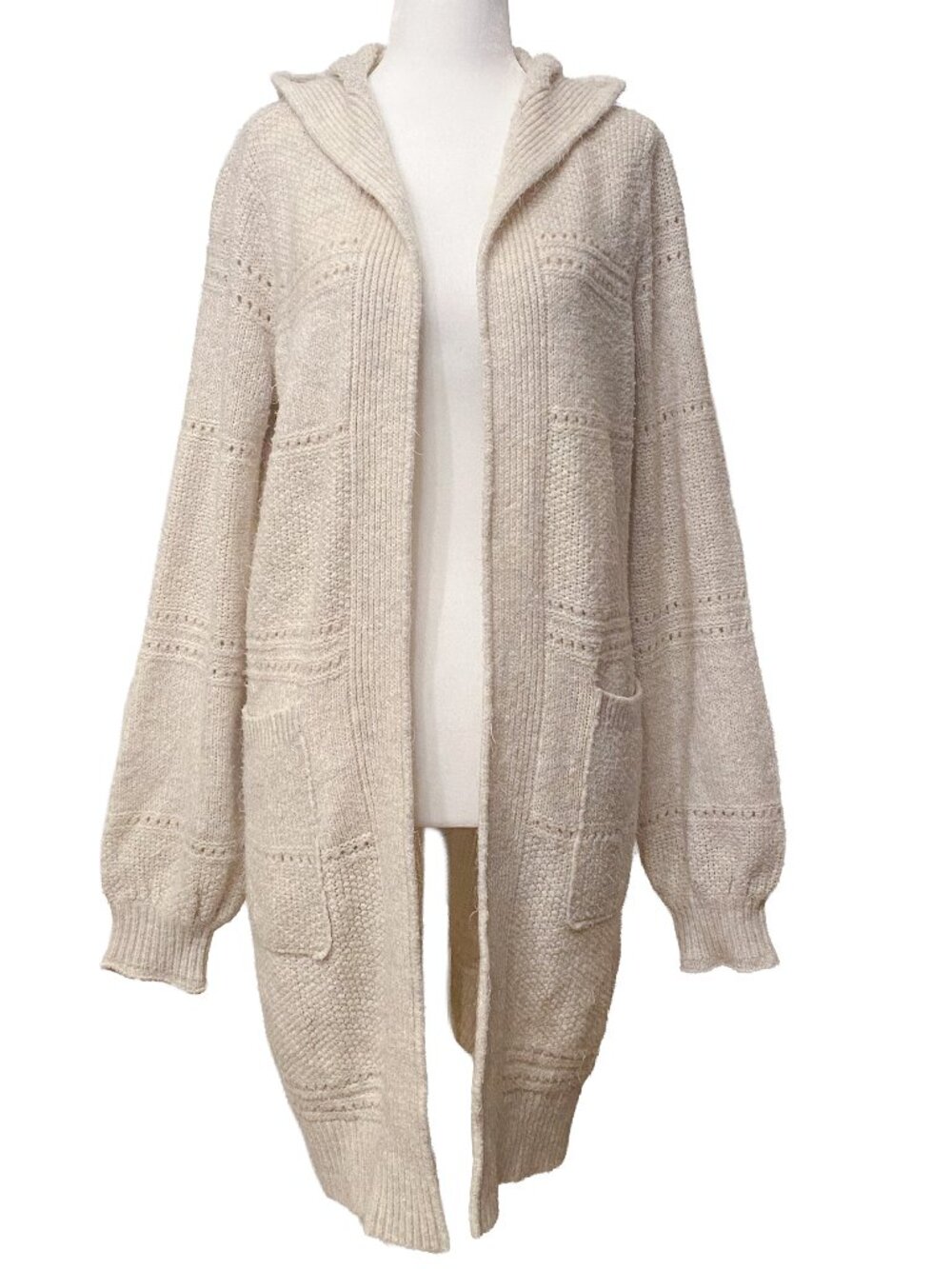 ABERCROMBIE & FITCH Long Knit Hooded Open Cardigan Sweater Cream S